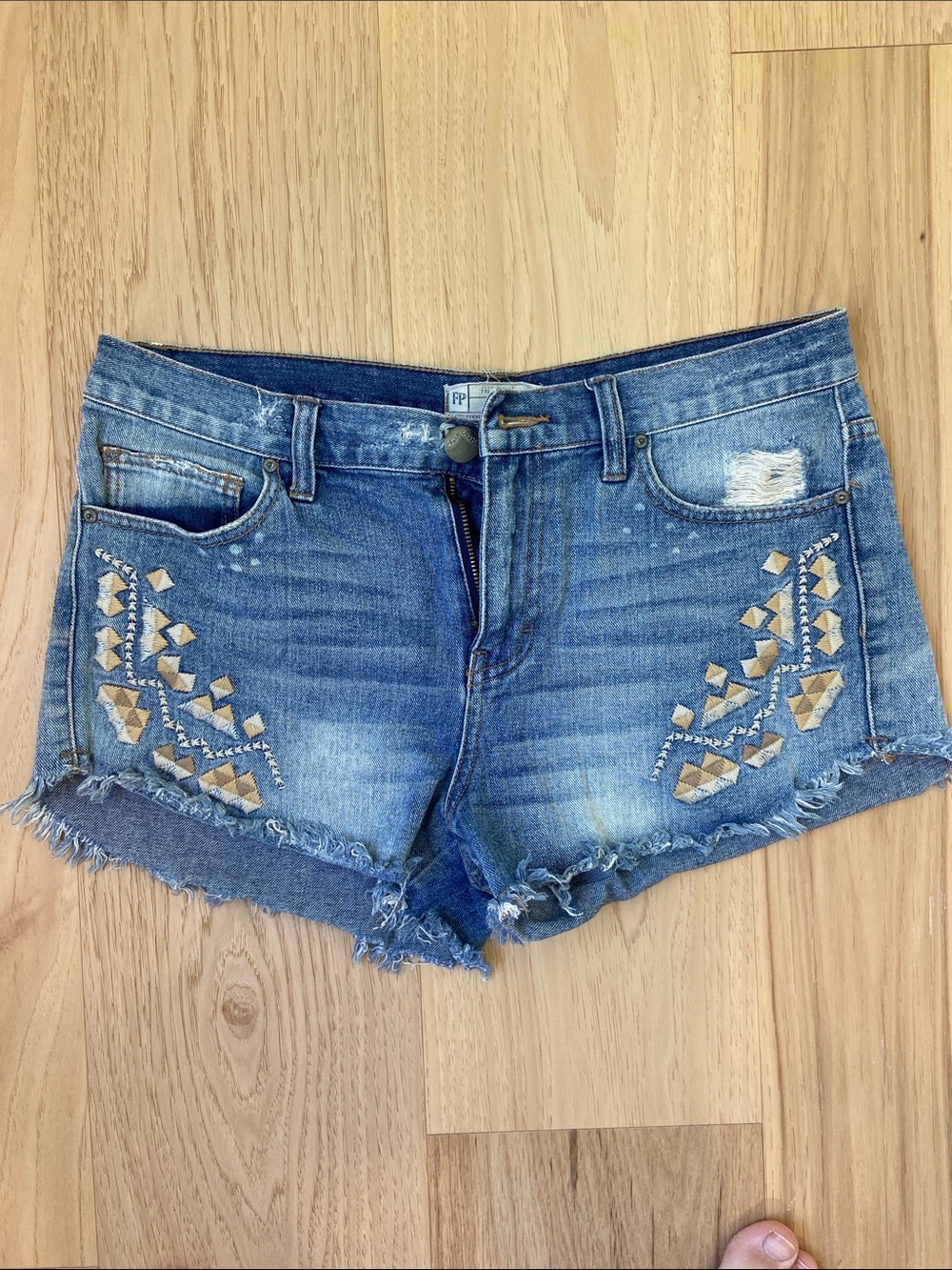 Free People Distressed Embellished Denim Shorts